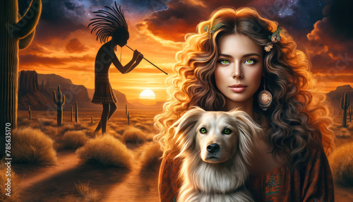 A woman with long curly bronze hair, her dog, and Kokopelli playing his flute. photo