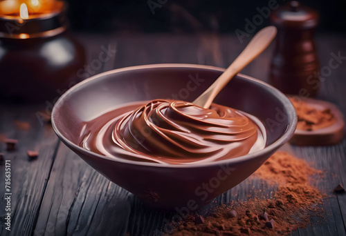 A bowl of smooth melted chocolate with a wooden spoon, on a rustic wooden table, surrounded by cocoa powder and chocolate pieces. International Chocolate Day.