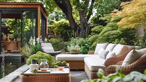 beautiful chic and minimalist set of exterior furniture in a landscape-design backyard or garden, wicker and wood materials
