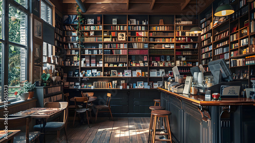 An artisanal coffee bar within a bookstore creating a serene environment for reading and relaxation with a carefully curated selection of books and specialty coffees. photo