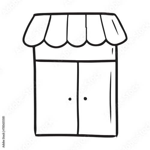 Beautiful shopwindow with striped roof in black isolated on white background. Hand drawn vector sketch illustration in doodle engraved line art vintage style. Shop entrance, fast food enter