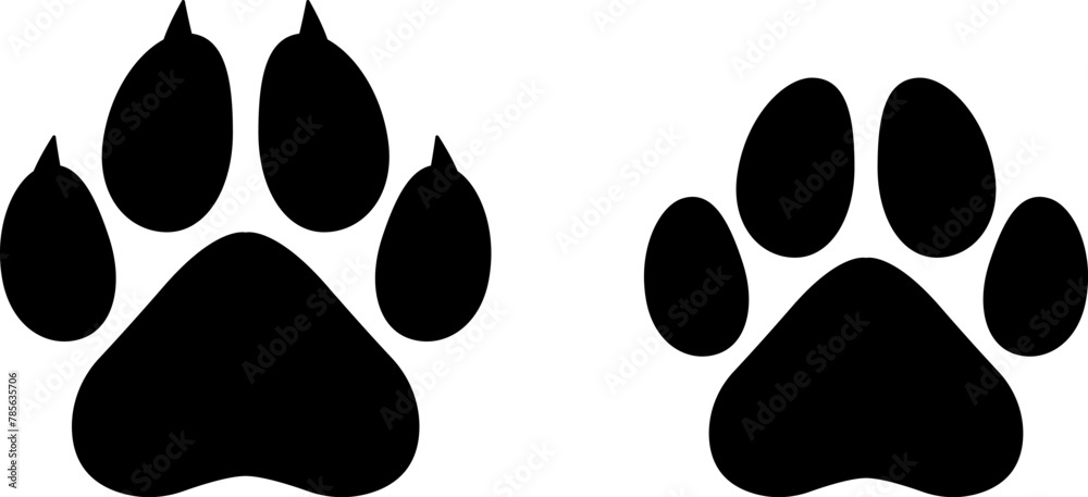 Fototapeta premium Cat and dog paw prints icons vector image. The paw print saddles of the canine and kitty families. Animal print clip art.