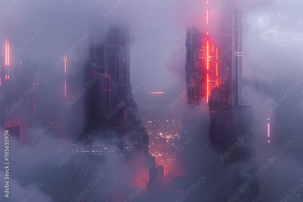 A futuristic city skyline obscured by layers of smog and smoke, with neon lights glowing faintly in the distance.