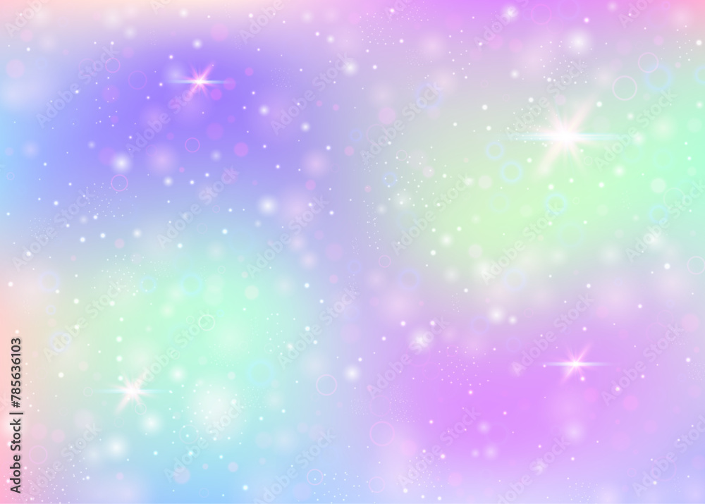 Holographic background with rainbow mesh. Cute universe banner in princess colors. Fantasy gradient backdrop with hologram. Holographic unicorn background with fairy sparkles, stars and blurs.