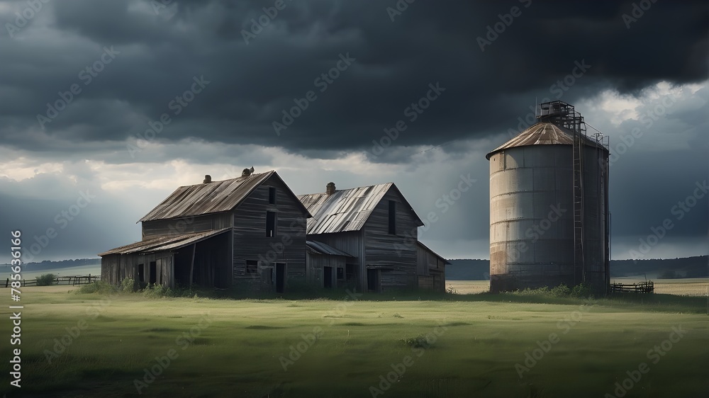A photorealistic image of a moody rural landscape featuring abandoned farm buildings and a silo. The scene should depict overcast weather with dramatic clouds, emphasizing the desolation and melanchol A photorealistic image of a moody rural landscape featuring abandoned farm buildings and a silo. The scene should depict overcast weather with dramatic clouds, emphasizing the desolation and melanchol