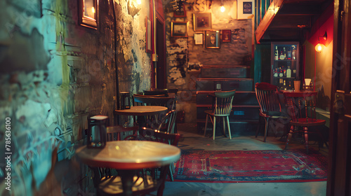 An atmospheric speakeasy bar with hidden entrances and vintage cocktails. photo