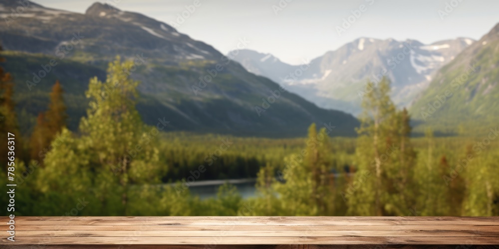 Fototapeta premium The empty wooden brown table top with blur background of Norway nature landscape. Exuberant image. generative AI