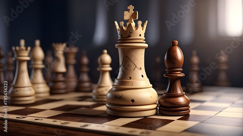 A photorealistic image of a chessboard with a queen piece placed strategically. The focus should be on capturing the intricate details of the chessboard's squares and the queen piece, showcasing a rea