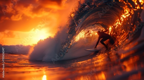 Hawaiian Sunset Surfing: A Surfer's Mastery of the Tube at Dusk, Magnificently Captured by EOS 5D Mark IV © Bavorndej