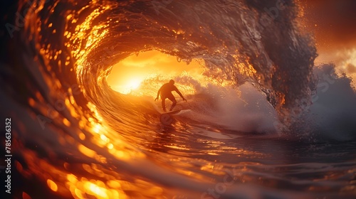 Hawaiian Sunset Surfing: Mastering the Tube Amidst Golden Hour Tranquility © Bavorndej