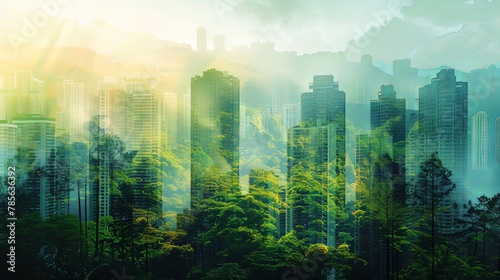 Panoramic landscape of city skyline double exposure overlay with green summer forest vegetation