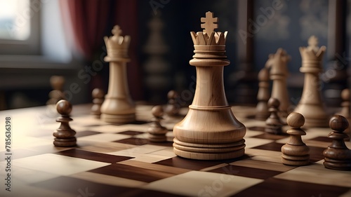 A photorealistic image of a chessboard with a queen piece placed strategically. The focus should be on capturing the intricate details of the chessboard's squares and the queen piece, showcasing a rea