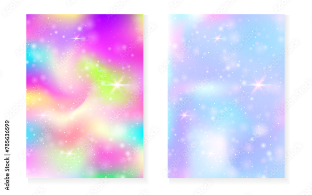 Princess background with kawaii rainbow gradient. Magic unicorn hologram. Holographic fairy set. Vibrant fantasy cover. Princess background with sparkles and stars for cute girl party invitation. Princess background with kawaii rainbow gradient. Magic unicorn hologram. Holographic fairy set. Vibrant fantasy cover. Princess background with sparkles and stars for cute girl party invitation.