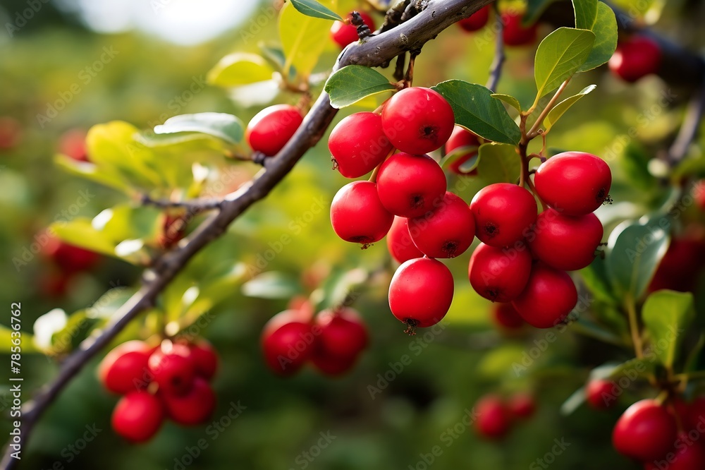 Bearberry hanging on a tree. Bearberry in the orchard