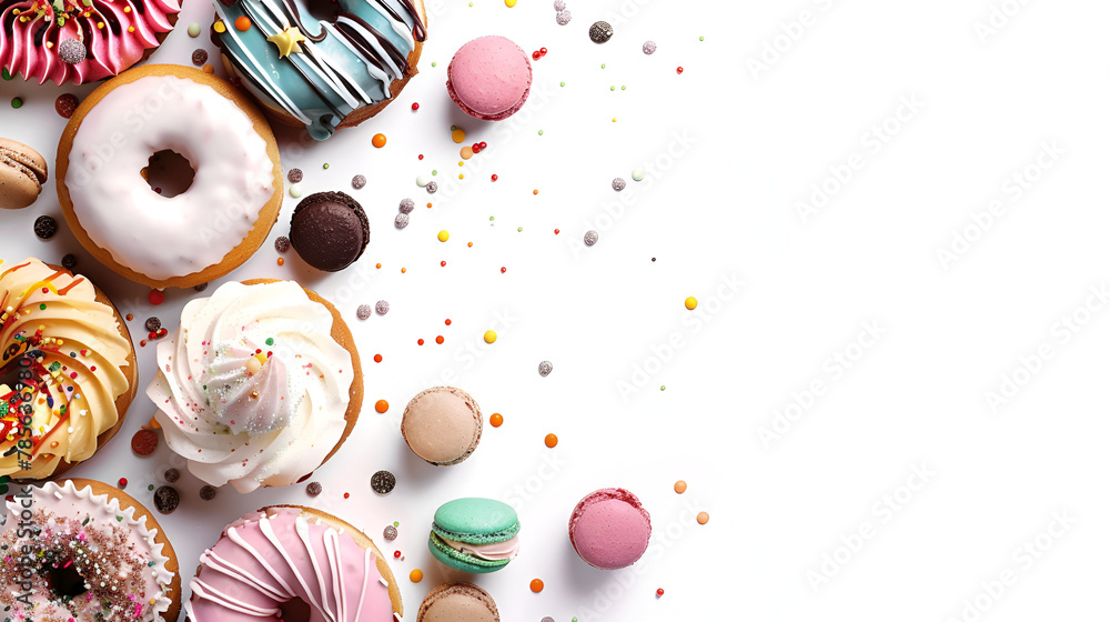 Donuts, cookies, cupcakes macaroons levitation on white background. Cakes, sweets, confectionery collage background.
