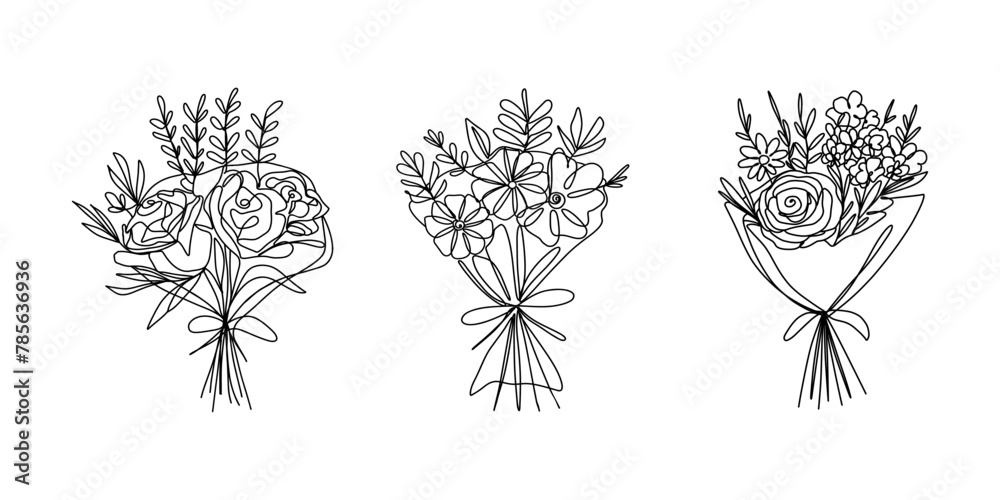 One line drawing flower bouquets. Hand drawn floral romantic arrangements with different flowers, botanical sketch collection. Vector isolated set One line drawing flower bouquets. Hand drawn floral romantic arrangements with different flowers, botanical sketch collection. Vector isolated set