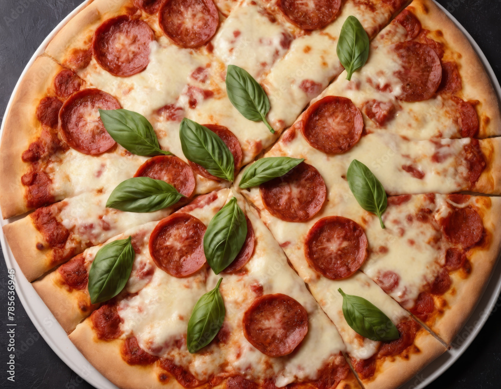 Fresh Pepperoni Pizza with Basil on Dark Background Fresh Pepperoni Pizza with Basil on Dark Background