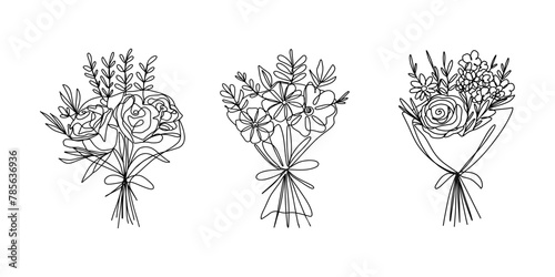 One line drawing flower bouquets. Hand drawn floral romantic arrangements with different flowers, botanical sketch collection. Vector isolated set