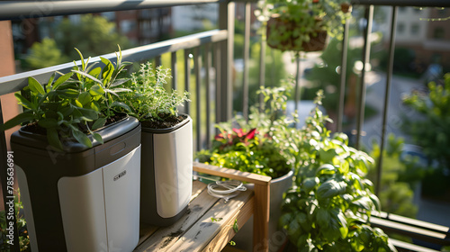 An eco-conscious balcony setup with composting bins for organic waste next to a thriving herb garden with sage and thyme.