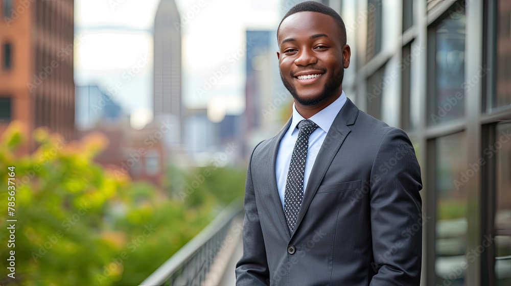 Smiling 25-year-old businessman wearing a suit in an urban business environment Smiling 25-year-old businessman wearing a suit in an urban business environment