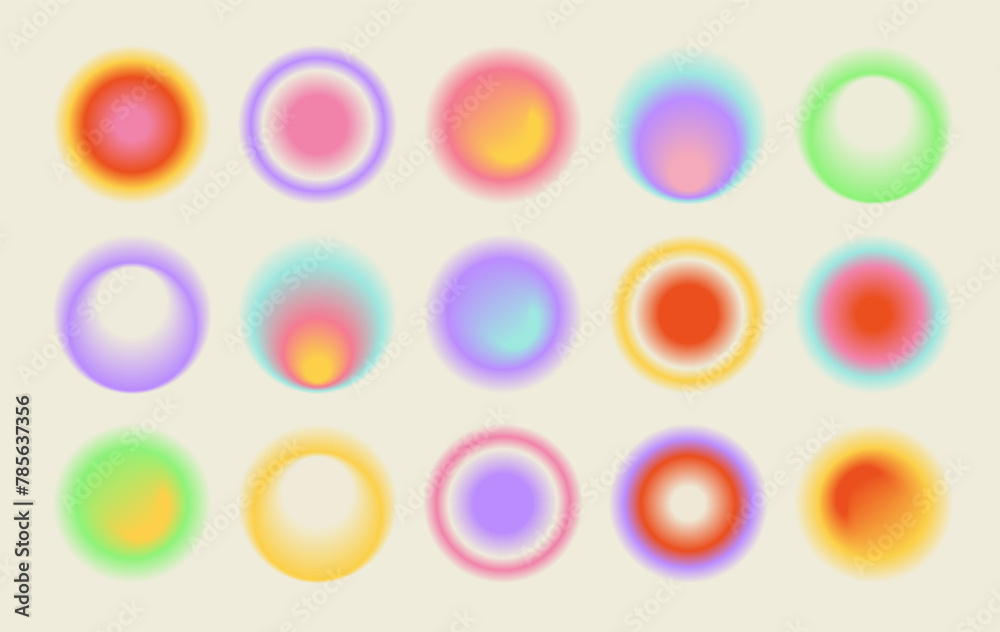 Y2k aesthetic blurred gradient aura hearts. Trendy set of modern blurry figures in brutalism style. Romantic transparent heart elements for social media background, posters, ads
