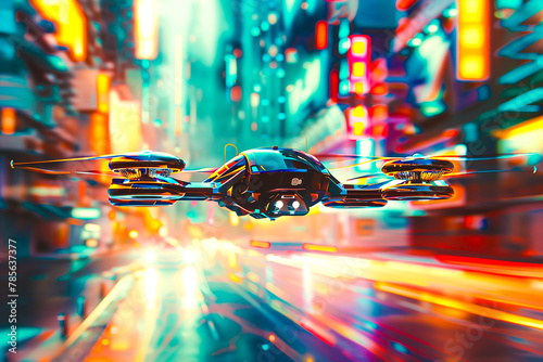 Cyber drones patrolling a colourful City brightly lit scene. 
