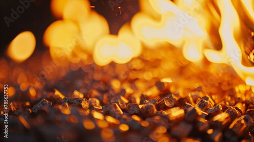 Elemental Fusion: Macro Wood Pellets with Blurry Fire Background. Generative AI