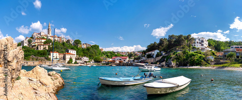 Panorama of the idyllic coastline and town of Vrbnik Town , Krk Island, Croatia