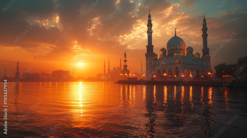 Serene Moonlit Mosque Illumination Generative AI