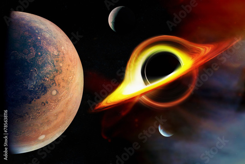 Fototapeta Naklejka Na Ścianę i Meble -  Black hole with Pluto planet in deep space. Elements of this image furnished by NASA.