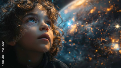 Awe-Inspiring Future: Child Gazing at Glowing Globe Generative AI