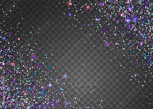 Transparent Confetti. Rainbow Glitter. 3d Concept. Glare Isolated Template. Digital Dust. Carnival Effect. Pink Light Paper. Falling Banner. Purple Transparent Confetti