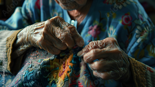 An elderly figure patching worn clothing by hand preserving what they have. photo