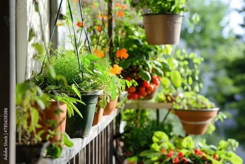 A small but vibrant balcony garden, with hanging planters and compact vegetable plots,