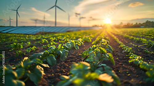 Sunset Over Farmland with Solar Panels and Windmills