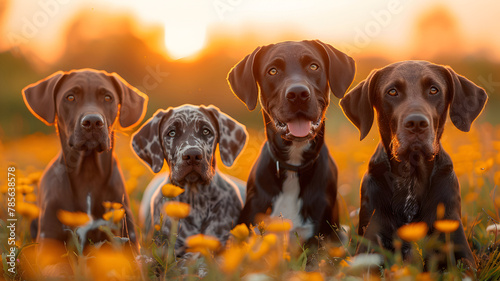 Four Dogs Enjoying Sunset in a Flower Meadow