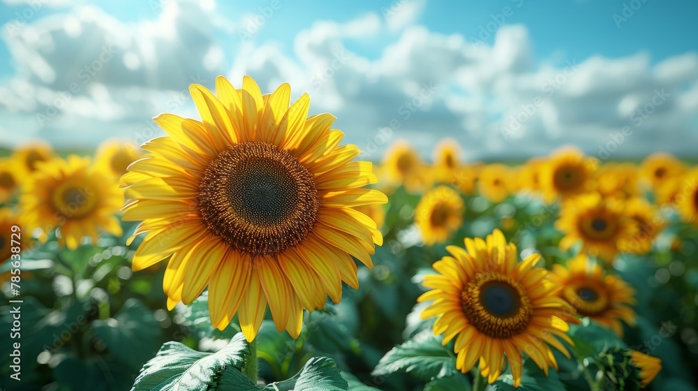 Vibrant Sunflower Field Under Cloudless Blue Sky Generative AI