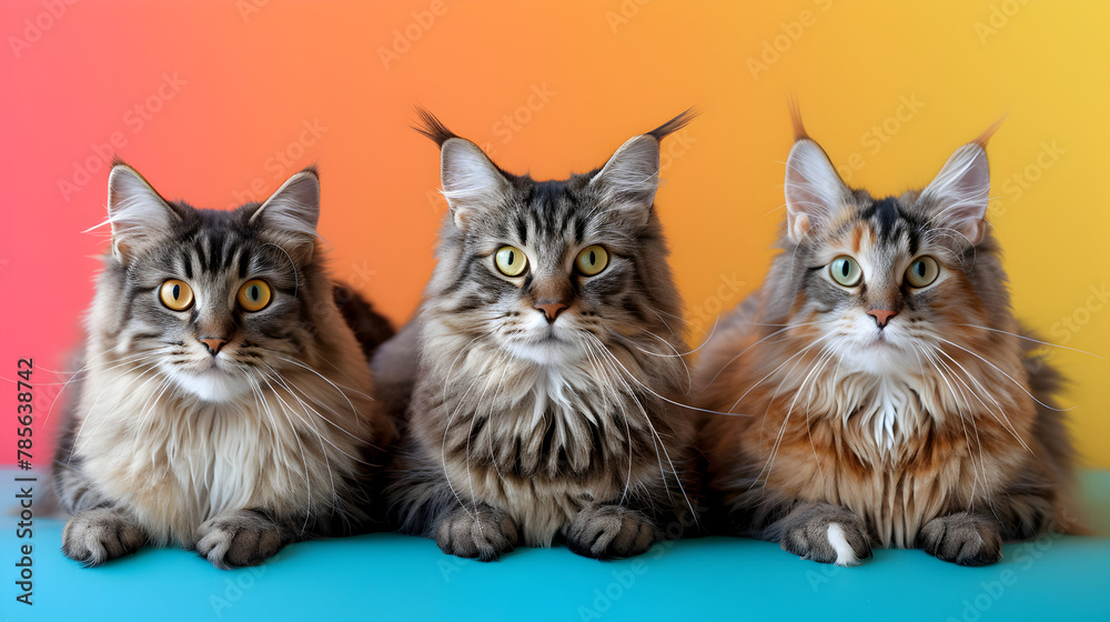 Elegant Maine Coon Cats on Colorful Gradient