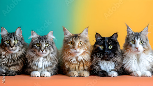 Five Maine Coon Cats Against a Gradient Backdrop photo