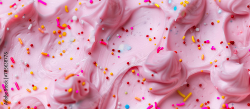 Pink ice cream with sprinkles close-up 