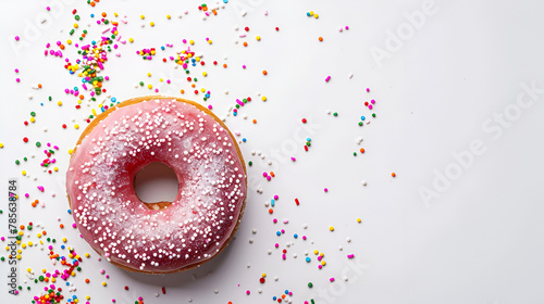 Sweet strawberry glazed donuts with sprinkles on white background