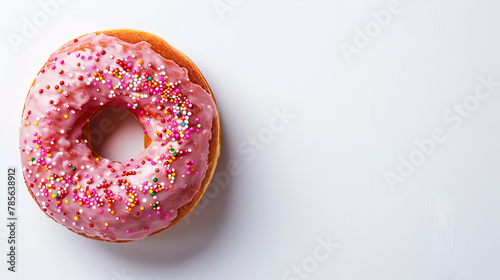 Sweet strawberry glazed donuts with sprinkles on white background