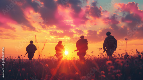 Silhouettes of brave veterans on sunrise or sunset sky background, representing honor and sacrifice. Suitable for Memorial Day and Veterans Day concept. © ELmidoi-AI