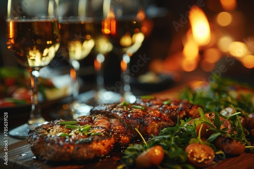 A succulent  fire-grilled steak  complemented with salad and wine  is served by a cozy fireplace ambiance