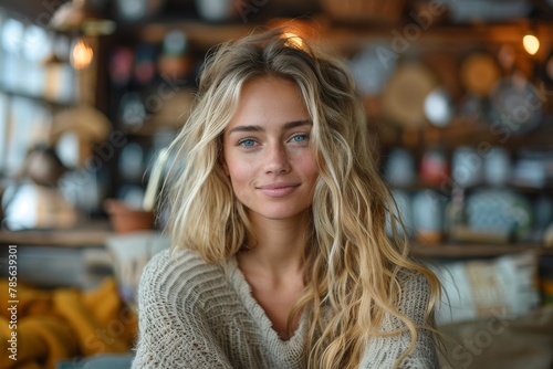Attractive young blonde woman smiling in a cozy cafe with warm atmosphere