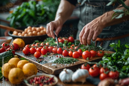 A chef is seen chopping fresh cherry tomatoes, herbs, and spices on a wooden board, surrounded by a variety of fresh produce including eggs, garlic, and greens