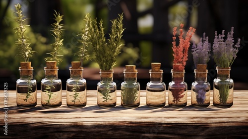 An assortment of essential oil bottles with fresh plants from which they're derived, like lavender, peppermint, and rosemary. photo