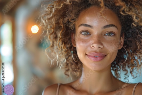 Close-up of a smiling young woman with curly hair and freckles, looking relaxed and content photo