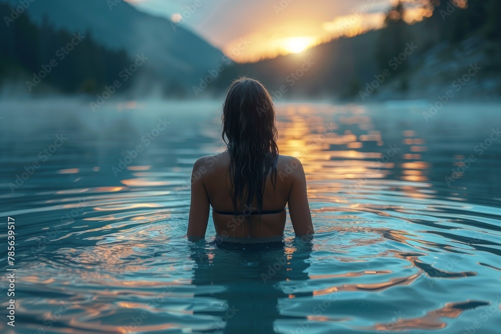 A person enjoying a peaceful solitary dip in a calm mountain lake, with the sun setting behind the serene water and mountain landscape A person enjoying a peaceful solitary dip in a calm mountain lake, with the sun setting behind the serene water and mountain landscape