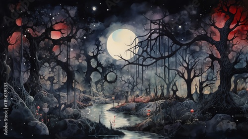 the essence of subconscious exploration through a traditional watercolor medium Envision mythical creatures traversing a labyrinth of twisted trees under a moonlit sky